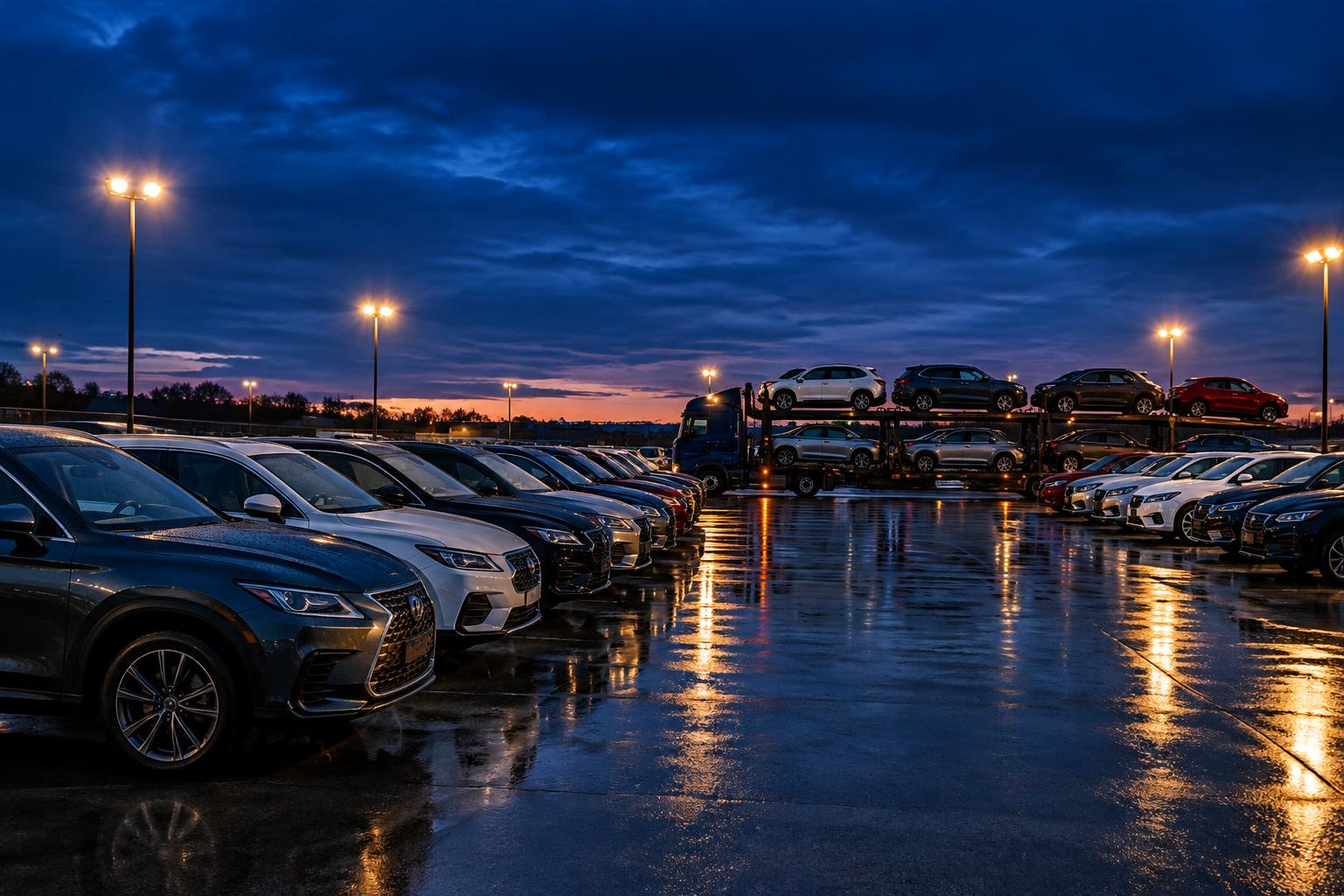 Vehicle lot with a car carrier trailer at dusk
