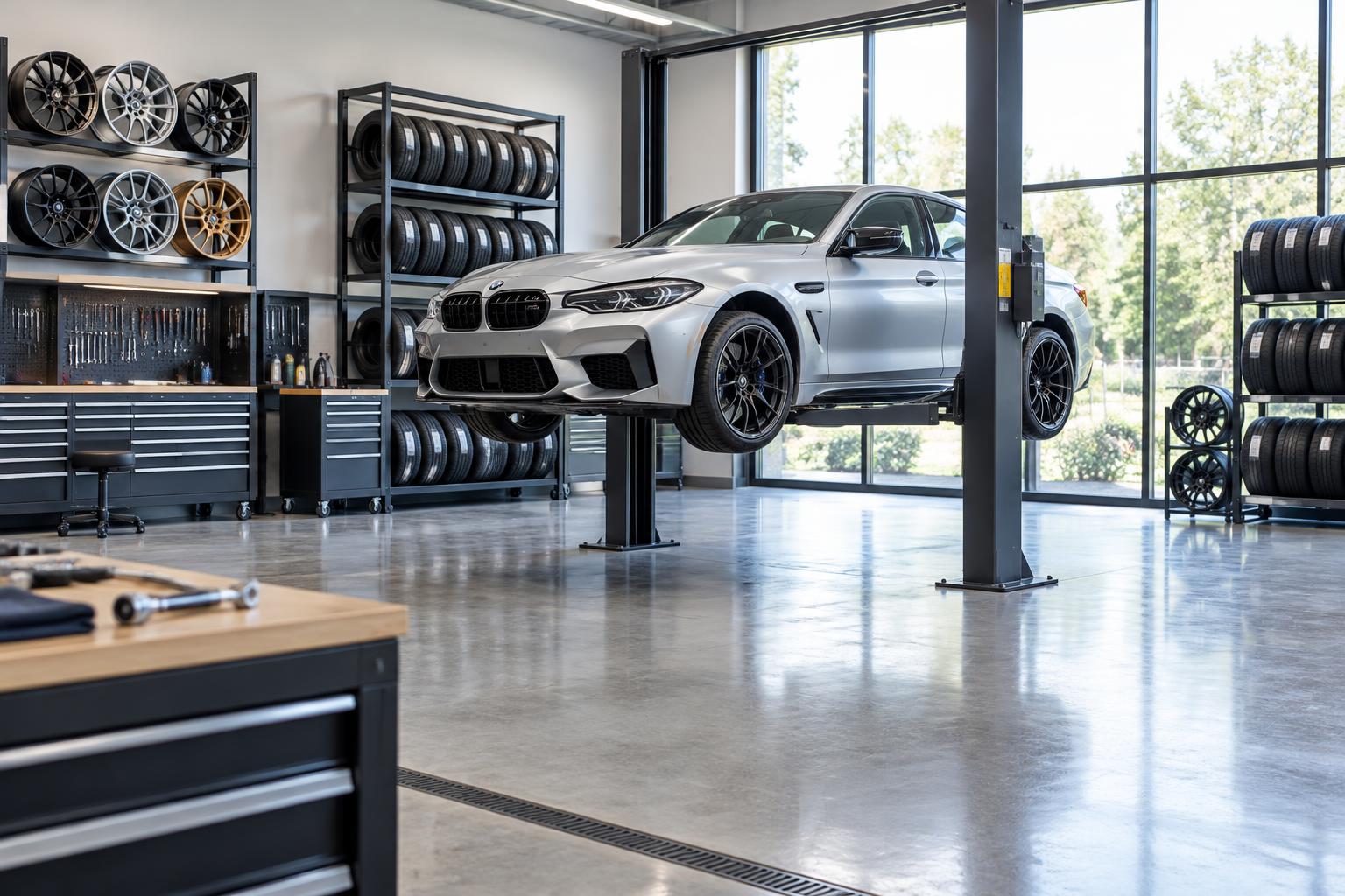 Performance vehicle in an organised automotive workshop