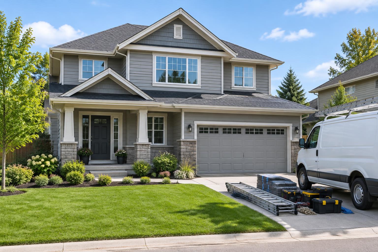 House exterior with neatly arranged trade equipment