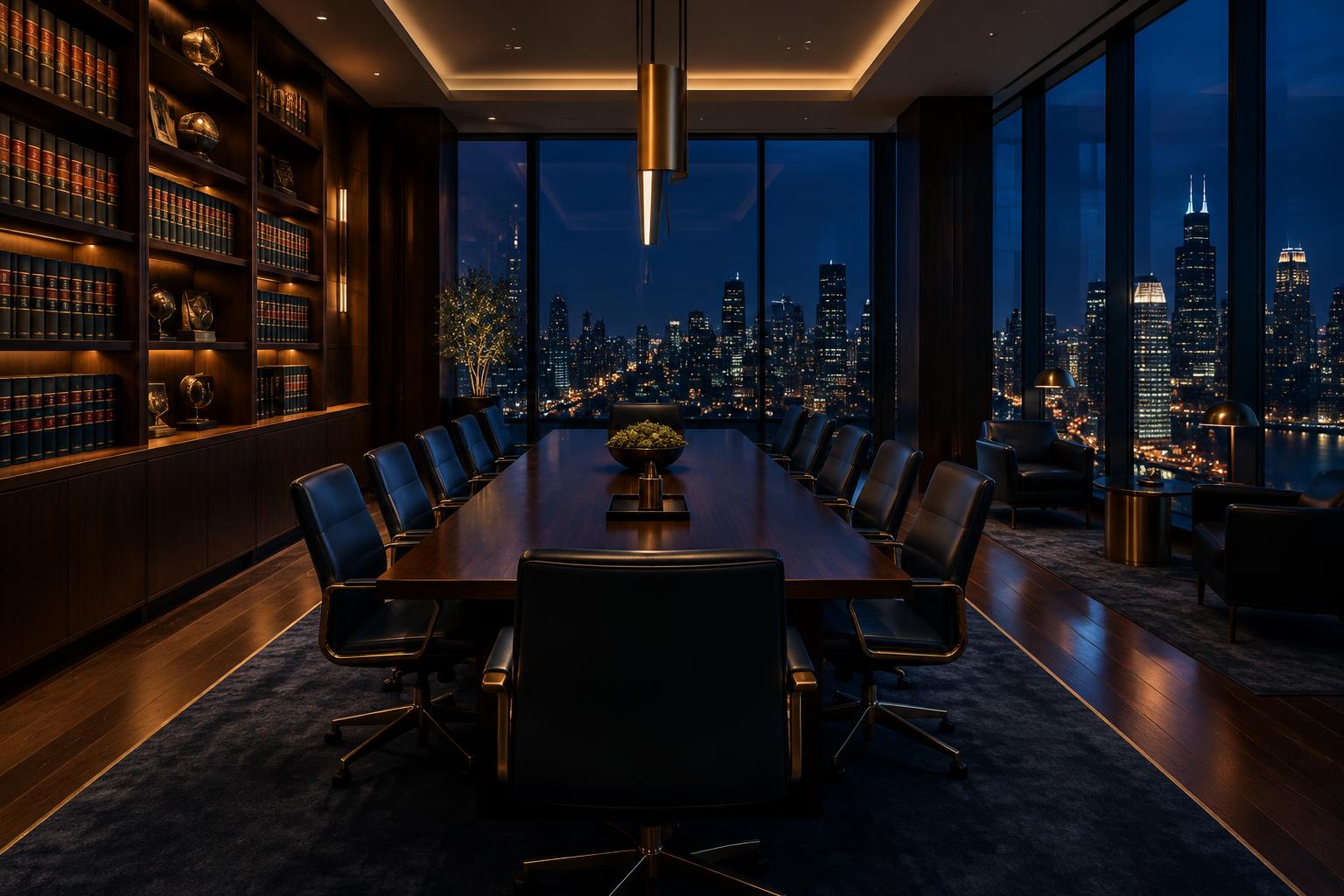Law office library with city skyline visible at night