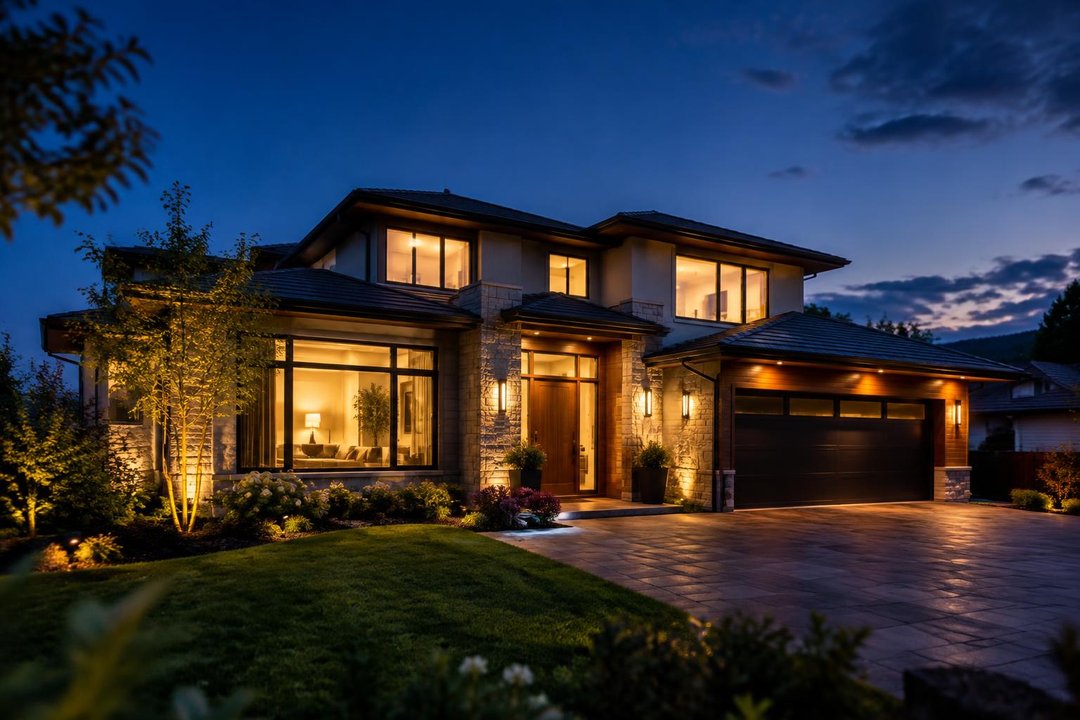 Modern home exterior with warm interior lighting at dusk